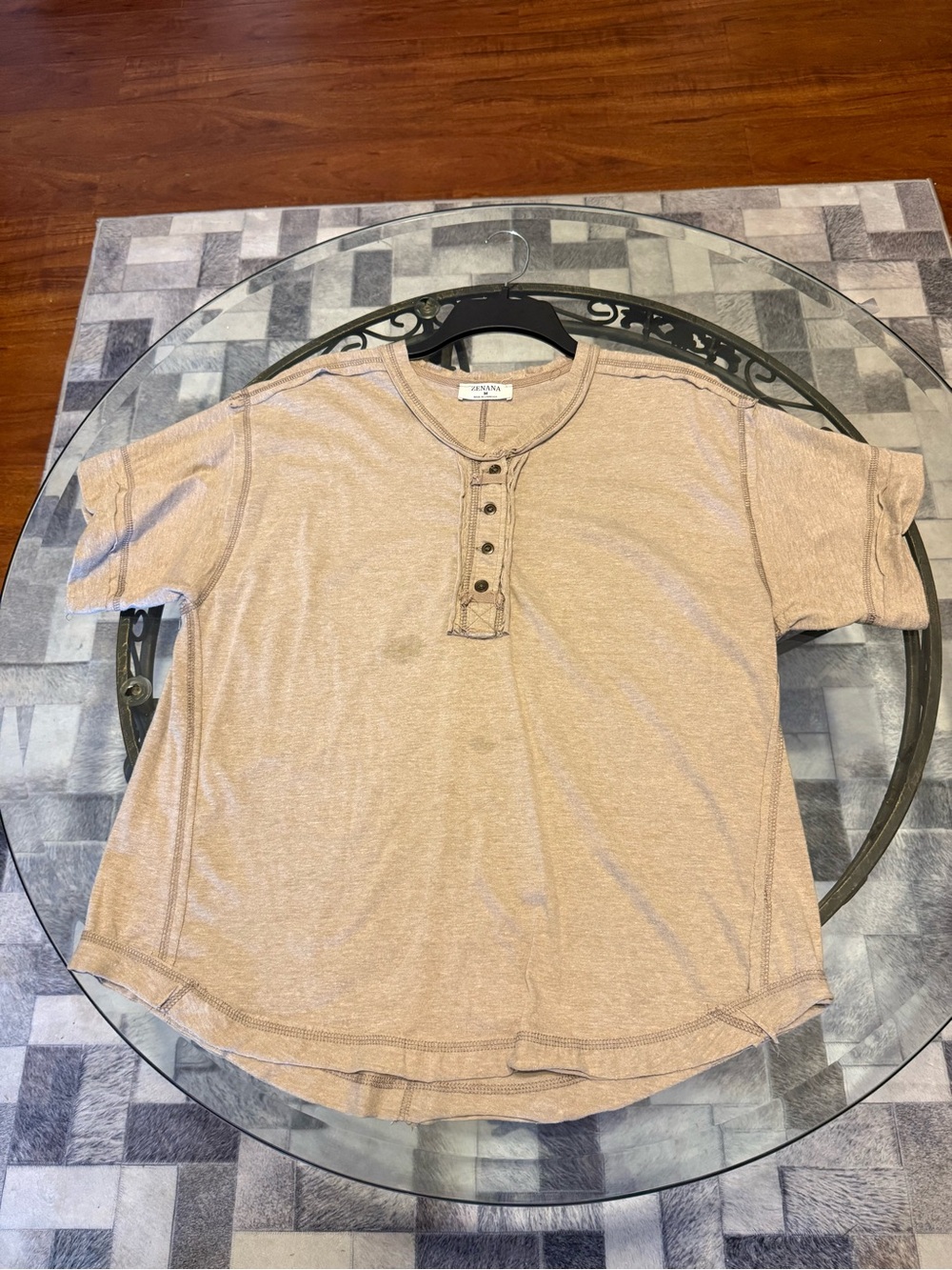 Zenana Outfitters Light Taupe Henley Button Front Tee
